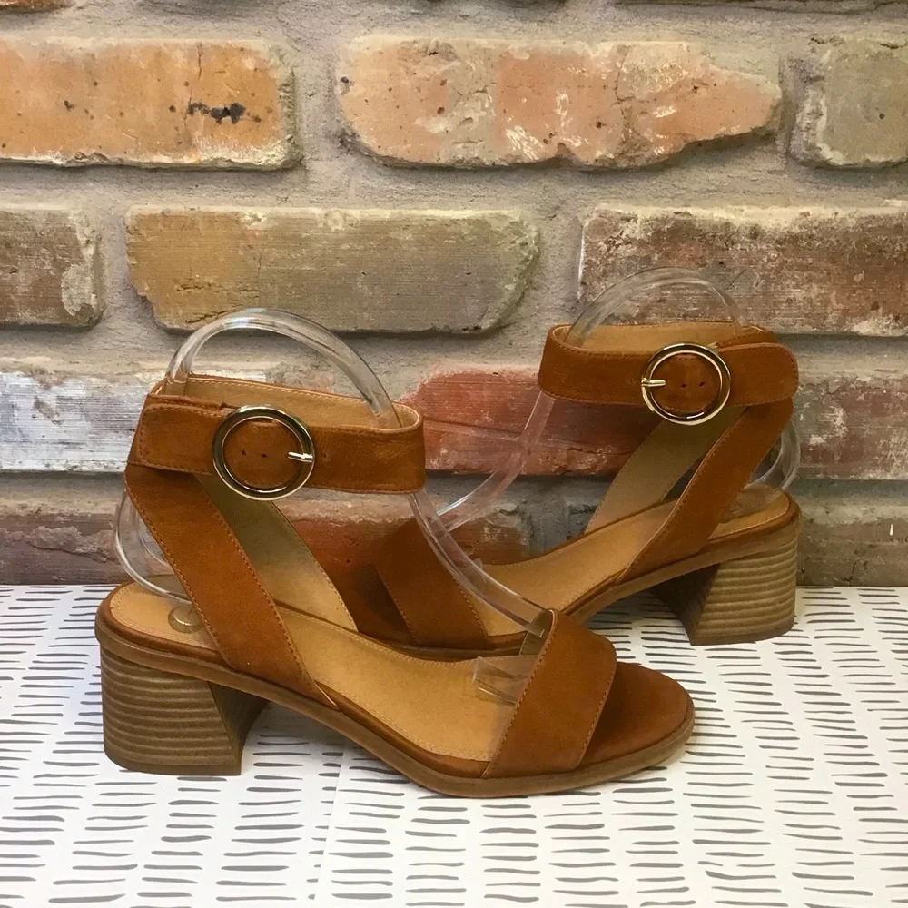 GIANNI BINI Women’s Brown Suede Leather Chunky Block Heel Ankle Strap Sandal 8.5